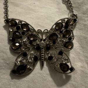 Butterfly Necklace Large Rhinestone Butterfly Necklace Silver Tone 16” Chain